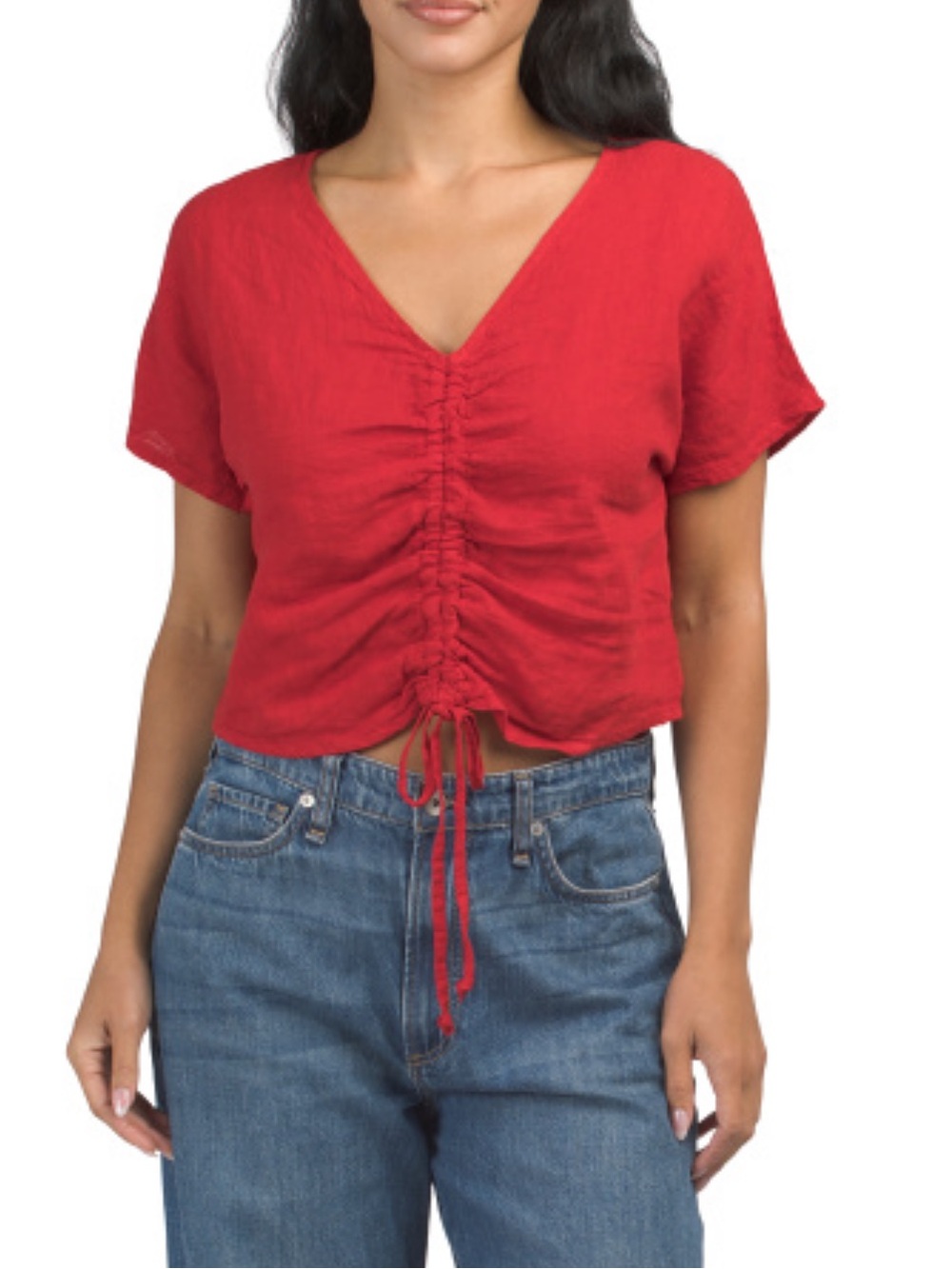 BELLAMBRA Made In Italy Linen Cropped Short Sleeve Drawstring Shirt